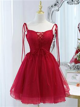 Picture of Red Color Straps Tulle Short Homecoming Dresses Prom Dresses, Red Color V-neckline Formal Dress
